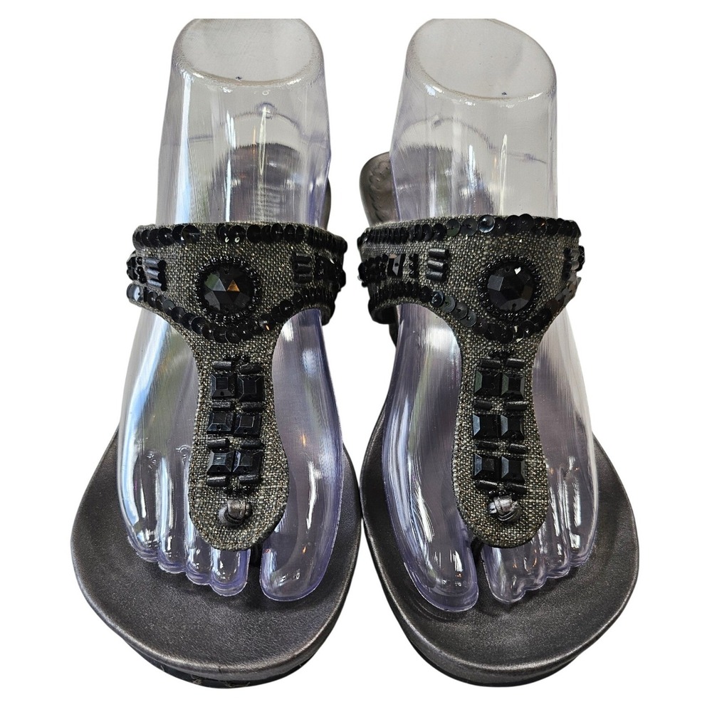 Tribeca Kenneth Cole Embellished Wedge Sandals Black Sequin Beaded Thong 10M